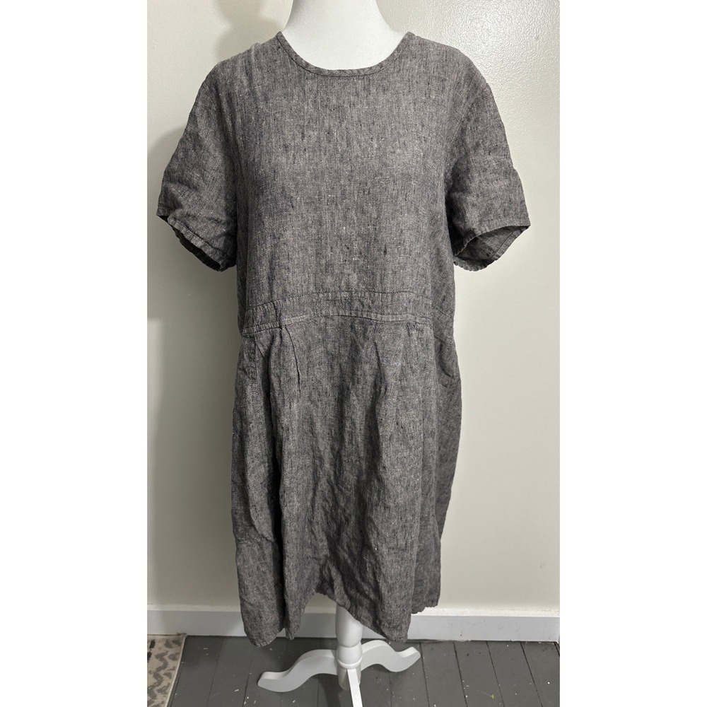 FLAX Linen Dress Medium Gray Charcoal Short Sleeve Pocket Midi Shift Lithuania